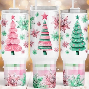 pink Christmas trees 40oz tumbler with handle, merry Christmas 40oz tumbler, large tumbler, lid and straw included