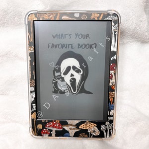 May include: A black and white illustration of Ghostface from the Scream movie series on a gray background. The text "What's your favorite book?" is above the illustration. The background of the image is a black and white mushroom pattern.