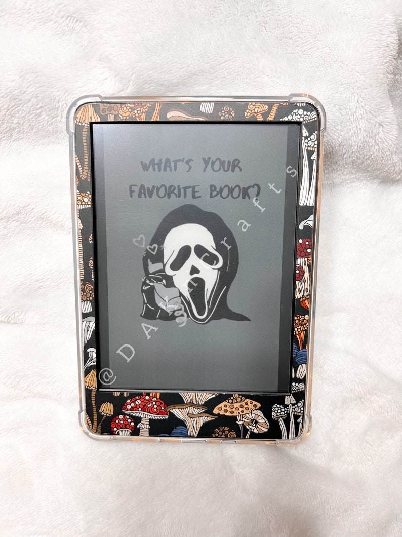 May include: A black and white illustration of Ghostface from the Scream movie series on a gray background. The text "What's your favorite book?" is above the illustration. The background of the image is a black and white mushroom pattern.