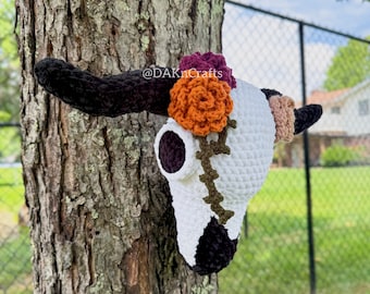 Cow Skull With Flowers | Pillow Plushie | Wall Mount | Crochet