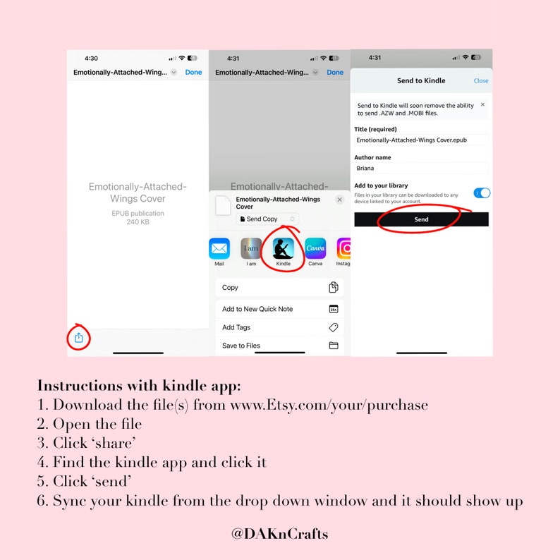 May include: A screenshot of a mobile phone showing the Kindle app. The app is open to a book titled "Emotionally-Attached-Wings Cover" and the user is in the process of sending the book to their Kindle device. The screen shows the option to send a copy to Kindle, add to a new quick note, add tags, and save to files.
