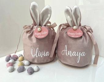 Easter Bunny Bags, Personalised velvet bags in pink or blue, Gift For Easter