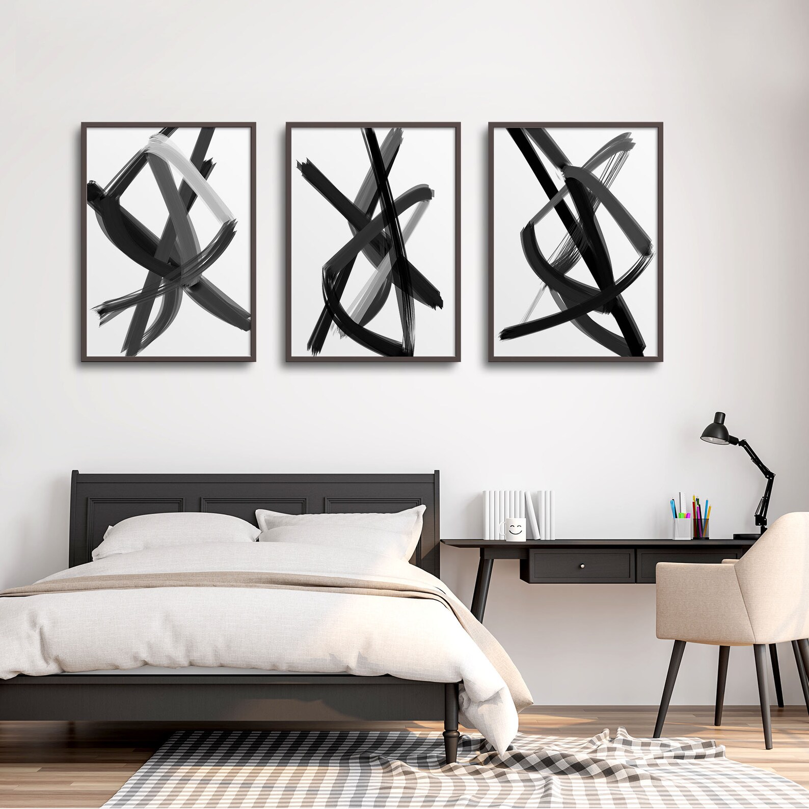 Triptych 3 Piece Wall Art Black White Grey Abstract Art Etsy