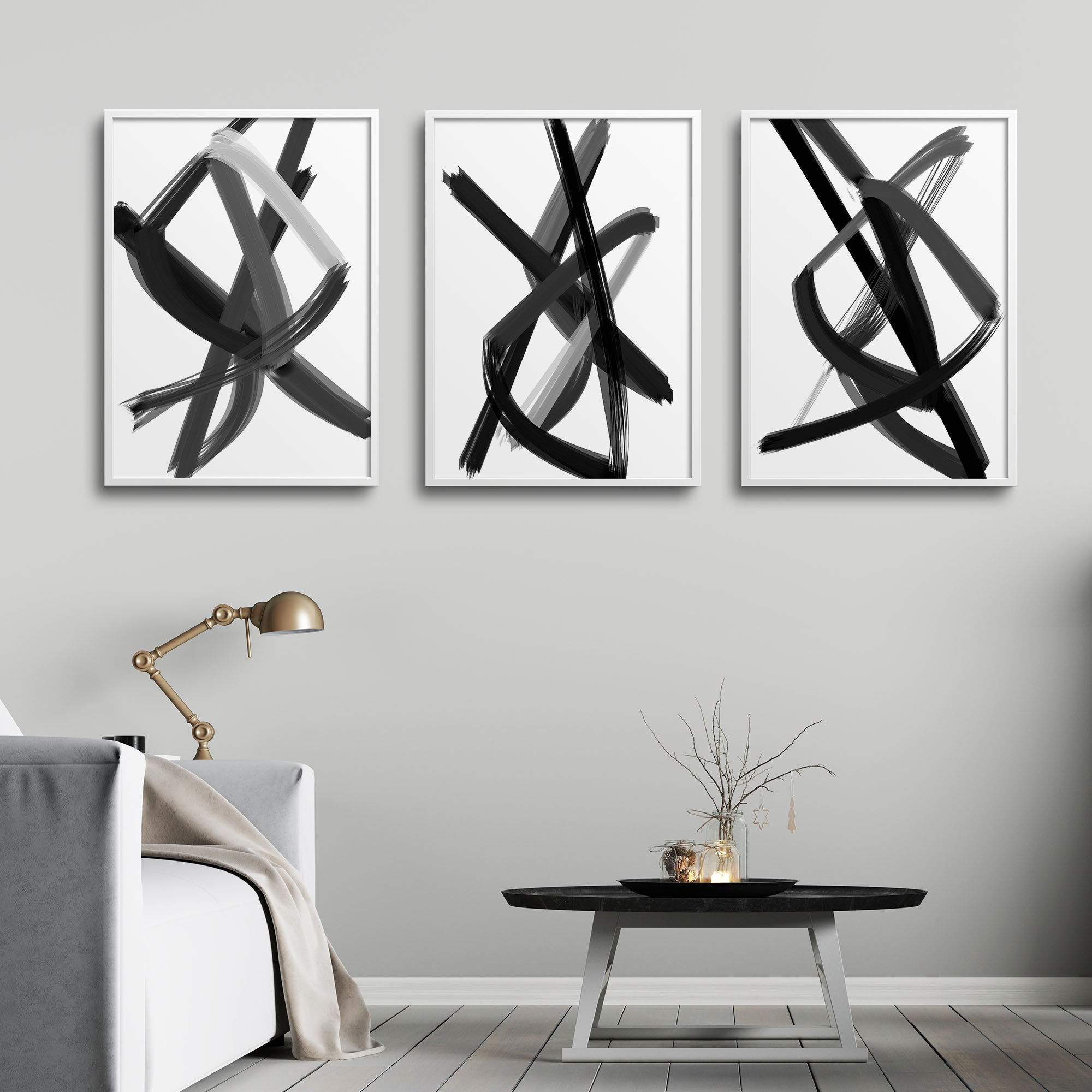 Triptych 3 Piece Wall Art Black White Grey Abstract Art Etsy