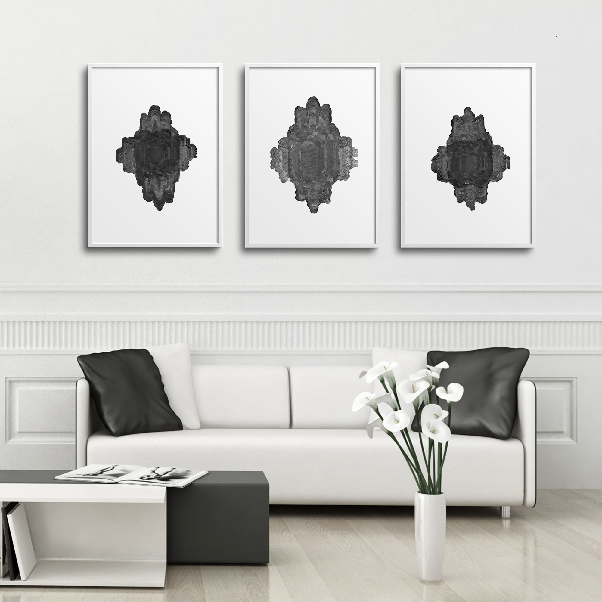 Triptych 3 Piece Wall Art Black White Grey Abstract Art Etsy