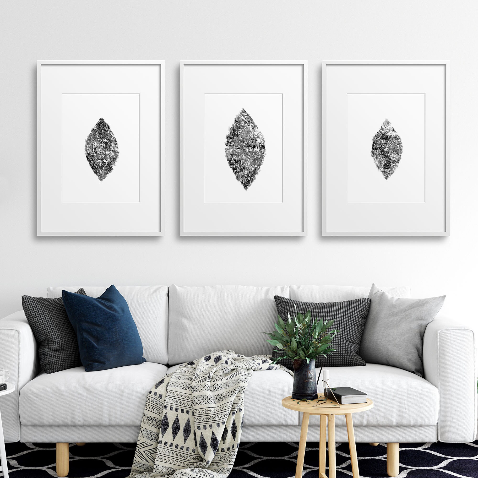 Triptych 3 Piece Wall Art Black White Grey Abstract Art Etsy
