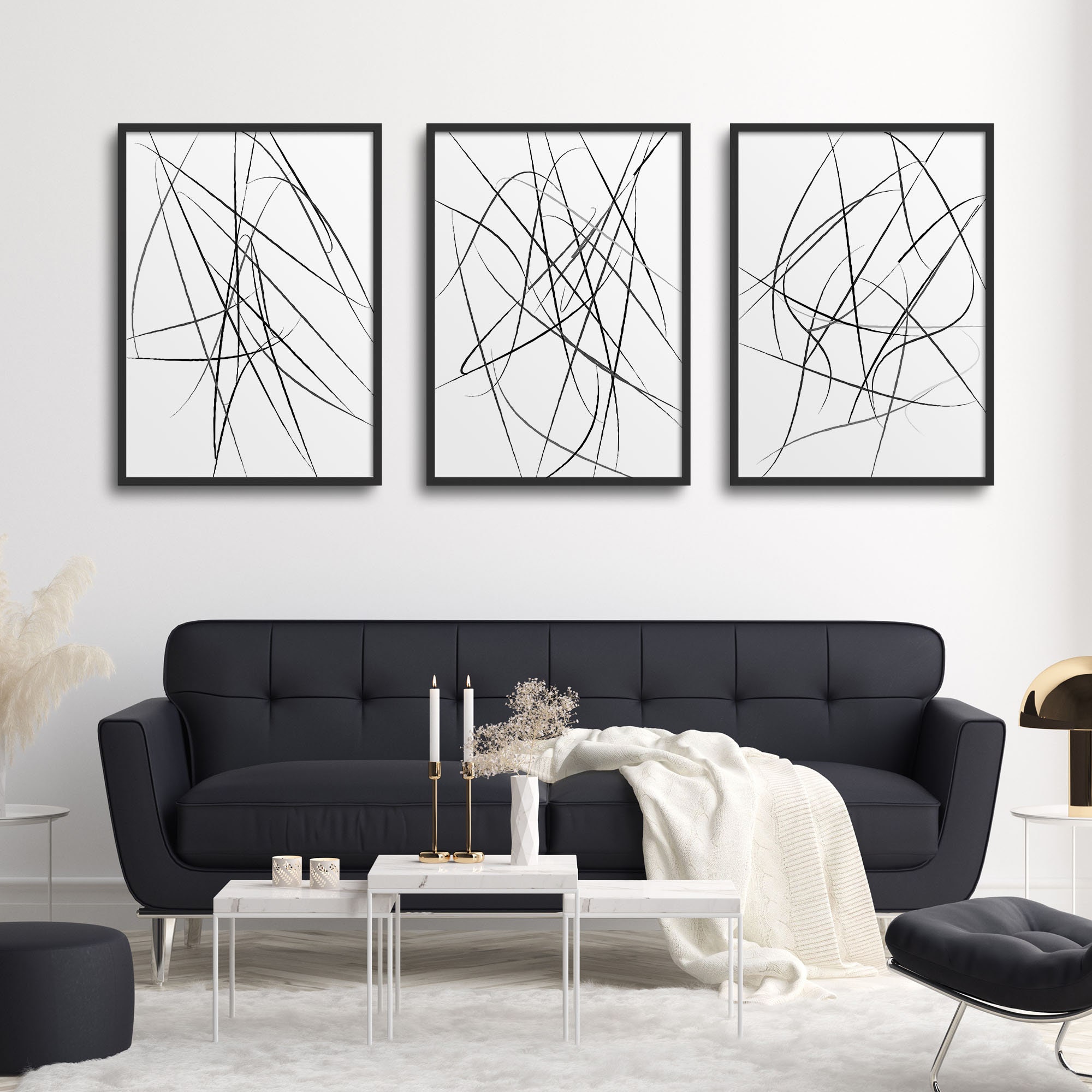 Triptych 3 Piece Wall Art Black White Grey Abstract Art Etsy