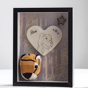 Custom Pet Memorial Keepsake with Fur Portrait in Resin Heart – Shadow Box Frame – Personalized Gift