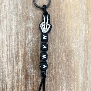 Spooky Mama keychain, Halloween vibes, cute keychain, gift idea, peace sign skeleton keychain, spooky szn