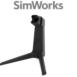 May include: A black stand with a distinctive design, featuring a wide base and a vertical support with a top section designed to hold an object. The word "SimWorks" is printed at the top.