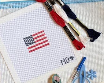 Kit de bordado de la bandera estadounidense para principiantes - 13 mallas - Lienzo pintado a mano