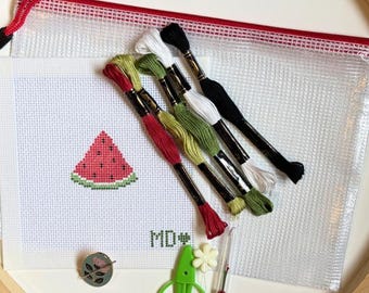 Kit de bordado de sandía para principiantes - 13 mallas - Lienzo pintado a mano
