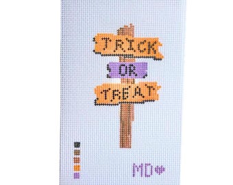 Lienzo para bordar con diseño de letrero de "Truco o trato" - Malla 18 o 13 - Lienzo pintado a mano