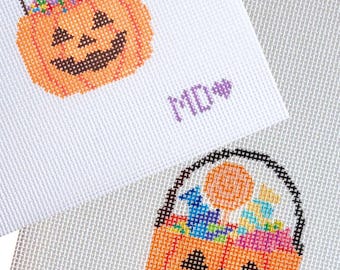 Lienzo para bordar con diseño de cubo de caramelos de calabaza de Halloween - 18 o 13 puntos por pulgada - Lienzo pintado a mano