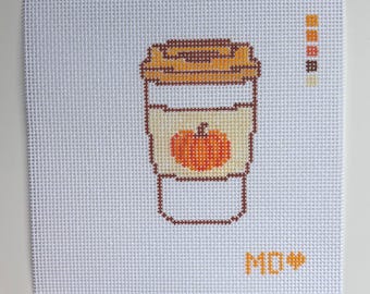 Lienzo para bordar con diseño de café con especias de calabaza - 18 o 13 puntos por pulgada - Lienzo pintado a mano