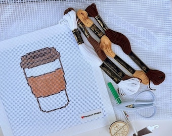 Kit de punto de aguja para principiantes con diseño de taza de café - 13 mallas - Lienzo pintado a mano