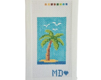 Lienzo para bordar con escena de palmeras - Diseño de playa veraniega - Bordado para principiantes - 13 puntos por pulgada - Lienzo pintado a mano