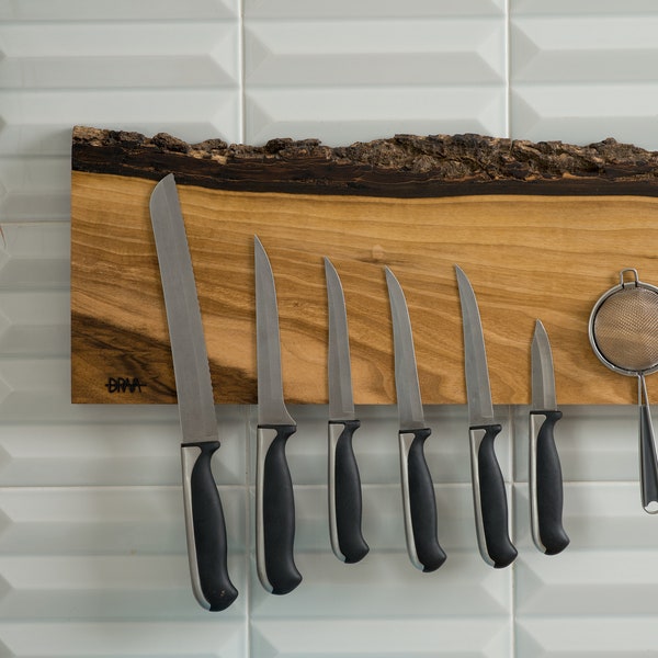 Magnetic Knife Rack Walnut Wood, Real Wood, Only One In Kind, Plank Wood, Storage For Wall, Handcrafted, Live Edge, 100% Recycled!