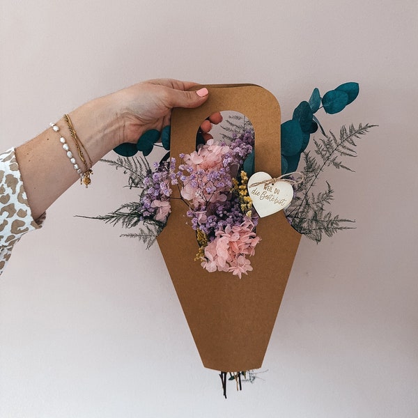 Blumentasche mit Trockenblumenstrauß | Geschenkidee beste Freundin | Muttertagsgeschenk personalisiert | Blumenbouquet Pastell
