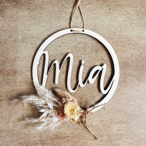 Segno della scuola materna | Targhetta con nome | Anello in legno con fiori secchi | Regali di nascita | Idea regalo personalizzata bambino | Idea decorativa, tesoro