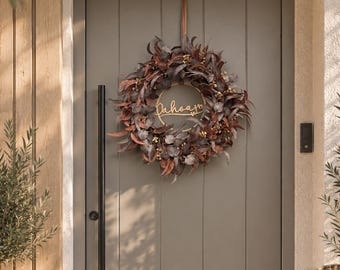 Weerbestendige herfstkrans voor de deur Ø 65 cm | Herfstkrans voor buiten | Krans voor de voordeur | Herfstdecoratie Bordeaux | Optioneel 3D-bord