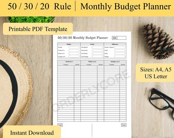 50/30/20 Rule monthly budget planner, financial freedom print out, income expense savings worksheet, money management printable pdf download
