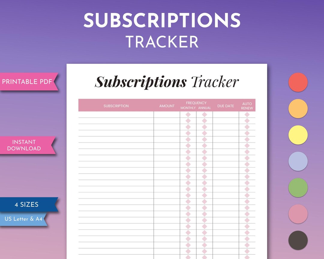 Monthly Subscriptions Tracker Template, Printable Annual Membership ...