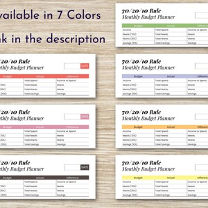 May include: Six printable 70/20/10 budget planner templates in different colors. Each template has columns for budget, actual, and difference. The columns are labeled "Income", "Needs (70%)", "Wants (20%)", and "Savings (10%)".