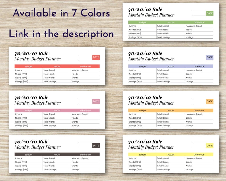 May include: Six printable 70/20/10 budget planner templates in different colors. Each template has columns for budget, actual, and difference. The columns are labeled "Income", "Needs (70%)", "Wants (20%)", and "Savings (10%)".