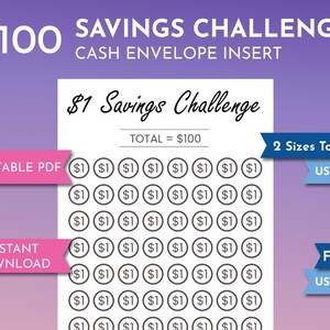 Puede incluir: Hoja imprimible de desafío de ahorro de $1 para insertar en un sobre de efectivo. La hoja imprimible tiene 100 círculos con $1 dentro de cada círculo. La hoja está diseñada para adaptarse a los tamaños de papel US Letter y A4.