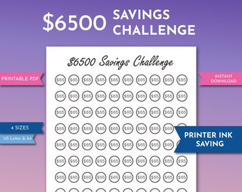 6.5k Savings Challenge Printable, 6500 Dollars Financial Goal Worksheet, Printer Ink Saving Minimalist Design, Dream Wedding Fund Tracker