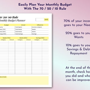 May include: A printable budget planner worksheet with the title "70/20/10 Rule Monthly Budget Planner". The worksheet is divided into three sections: Needs, Wants, and Savings. Each section has a category, amount, and total. The worksheet also includes a section for notes and goals.