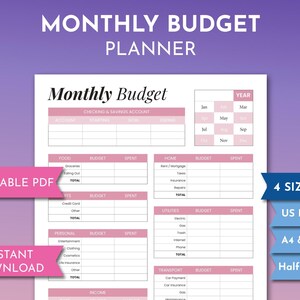 May include: Printable monthly budget planner with pink and white design. The planner includes sections for checking and savings accounts, food, home, bills, personal expenses, transport, and income. The planner is available in four sizes: US Letter, A4, A5, and Half Letter.