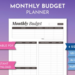 May include: Printable monthly budget planner in black and white with headings for income, pay period, gross amount, net amount, expenses, budget, and spent. The planner is available in four sizes: US Letter, A4 & A5, and Half Letter.