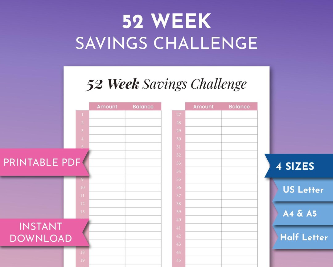 52 Week Savings Challenge, Custom Template Printable PDF, Minimalist ...