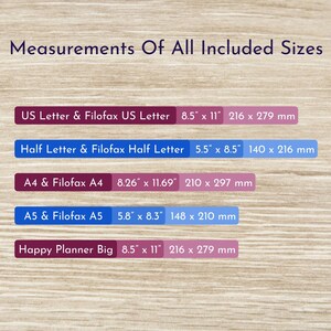 May include: A chart showing the measurements of different paper sizes in inches and millimeters. The sizes include US Letter, Half Letter, A4, A5, and Happy Planner Big.