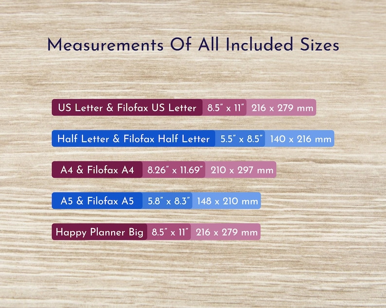 May include: A chart showing the measurements of different paper sizes in inches and millimeters. The sizes include US Letter, Half Letter, A4, A5, and Happy Planner Big.