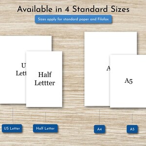May include: Diagram showing four standard sizes for paper and Filofax: US Letter, Half Letter, A4, and A5. The sizes are represented by white rectangles with text labels.