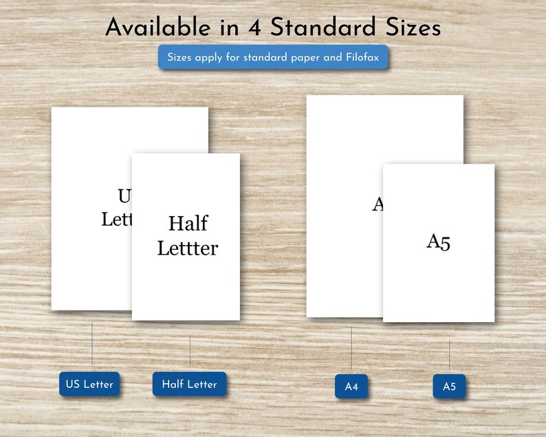 May include: Diagram showing four standard sizes for paper and Filofax: US Letter, Half Letter, A4, and A5. The sizes are represented by white rectangles with text labels.
