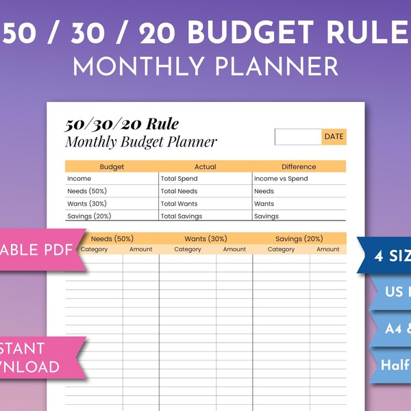 50-30-20 Budget Template Printable, Financial Freedom Cashflow Planner ...
