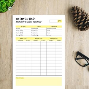 May include: A printable budget planner worksheet with the title "70/20/10 Rule Monthly Budget Planner". The worksheet is divided into three sections: Budget, Actual, and Difference. Each section has categories for income, needs, wants, and savings. The worksheet also includes a section for notes and goals.