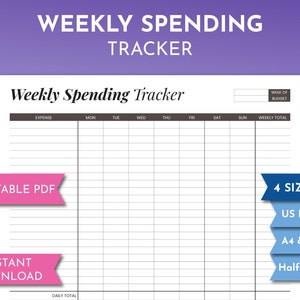 Wekelijkse onkostentracker, werkblad voor persoonlijke financiële beheersing, minimalistische sjabloon vanaf maandag, dagelijkse uitgavenboekhouding afdrukbare PDF