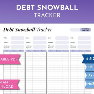 Seguimiento de pago de deuda del planificador de deuda Snowball, hoja de trabajo de amortización de préstamos múltiples, pago de préstamos estudiantiles imprimible, registro PDF minimalista azul