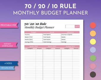 70/20/10 Rule Monthly Budget Planner, Needs Wants Savings Worksheet, Printable Financial Freedom PDF, Minimalist Money Management Dashboard