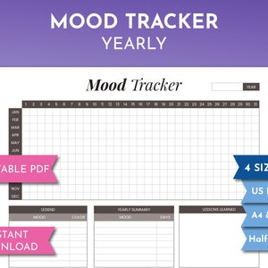 Printable Mood Tracker, Yearly Monthly Mood Planner, Annual Mood Chart, Bullet Journal Worksheet, A4 A5 Template, Gray US Letter Download