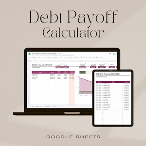 May include: A laptop and tablet displaying a Google Sheets spreadsheet titled "Debt Avalanche Calculator & Tracker (sample)". The spreadsheet includes a "Debt Avalanche Dashboard" and a "Debt Avalanche Tracking Log" with columns for date, credit, debit, and amount. The spreadsheet is designed to help users track and manage their debt.