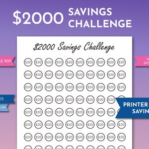 Peut inclure: Un tableau de suivi de défi d'épargne de 2 000 € imprimable. Le tableau est une grille de 100 cercles, chacun représentant 20 €. Le tableau est conçu pour aider les gens à économiser de l'argent au fil du temps.