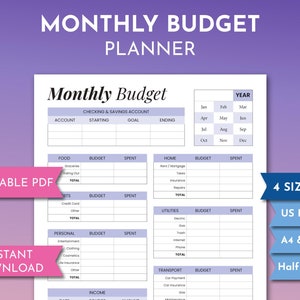 May include: Printable monthly budget planner in four sizes: US Letter, A4, A5, and Half Letter. The planner includes sections for checking and savings accounts, food, bills, personal expenses, home, utilities, transport, and income. The planner is designed with a purple and white colour scheme.