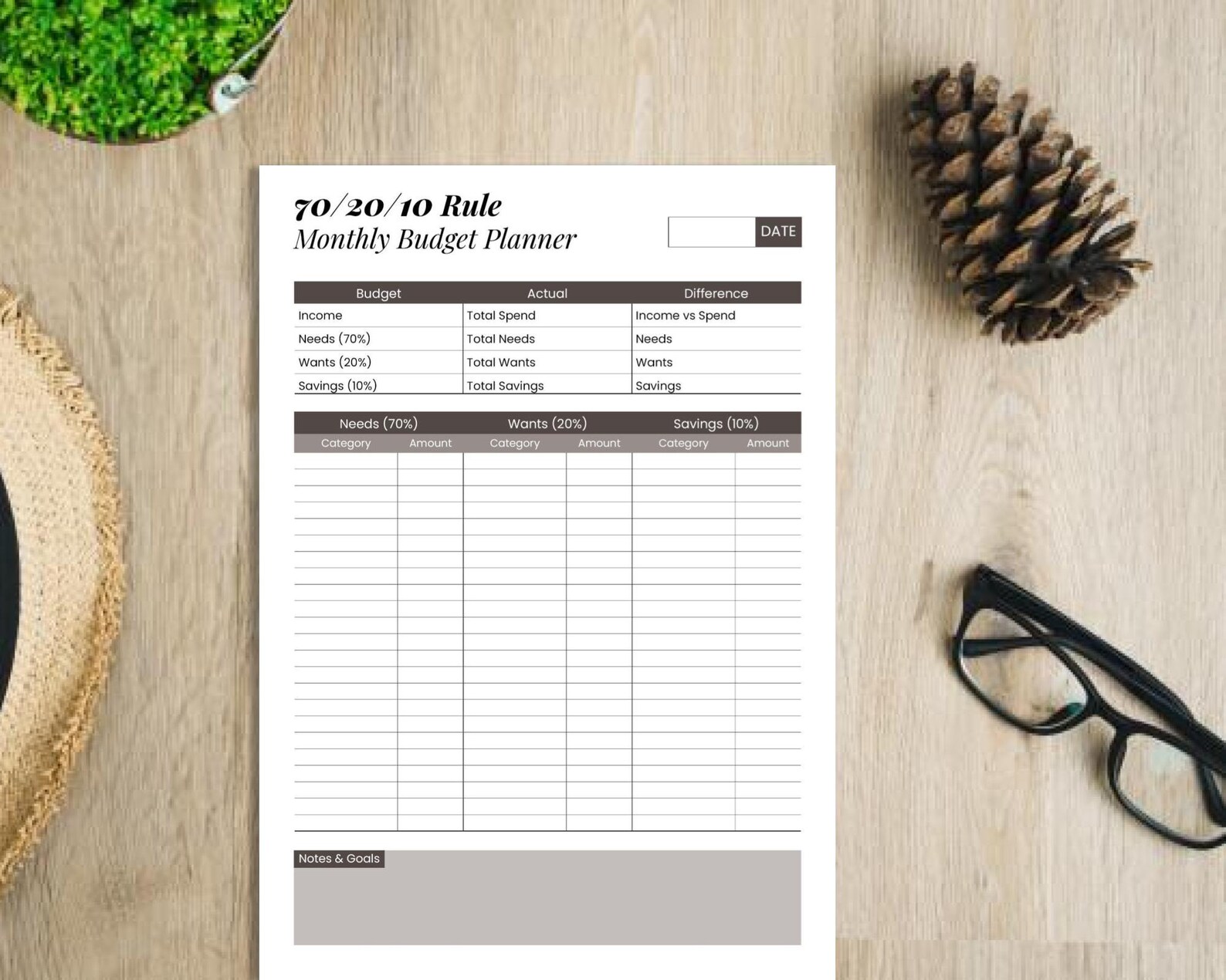 70/20/10 Budgeting Rule Planner Worksheet, Printable Personal Finance