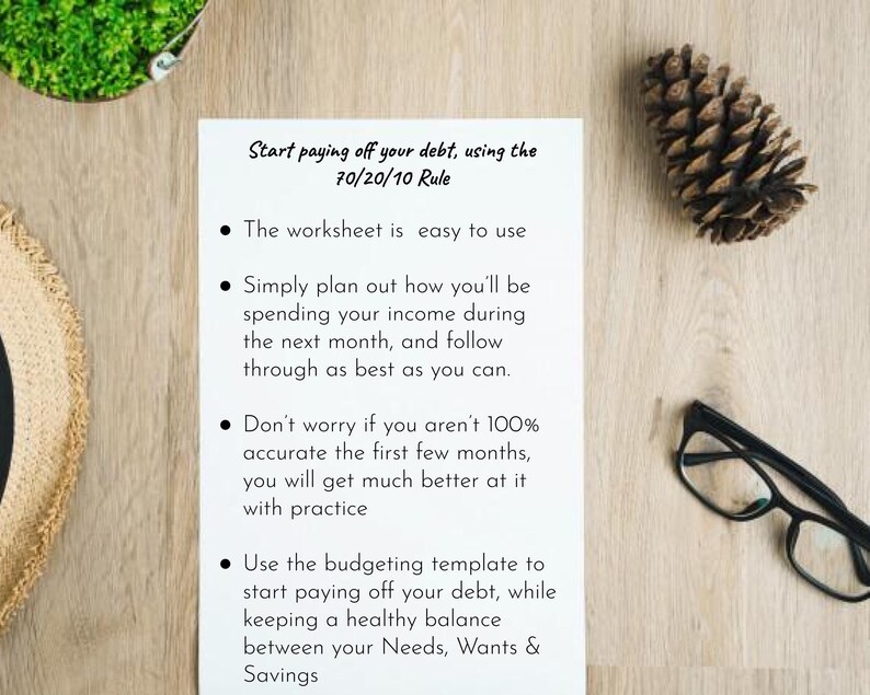 May include: A white sheet of paper with black text outlining the 70/20/10 rule for paying off debt. The text explains how to use the rule to budget and save money. The paper is on a wooden surface with a pine cone and a pair of glasses.